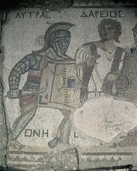 Pintura de dois gladiadores numa parede de mosaico, Kourion, Limassol, Chipre