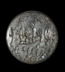 Patere de Parabiago, prato ritual de prata retratando o triunfo de Attis (ou Atys) e Cybele em uma carruagem disparada por leões, século IV. Prata: Diâmetro: 40 cm. Musee archelogique de Milão. - Patera de Parabiago, prato de prata ritual, representando o 