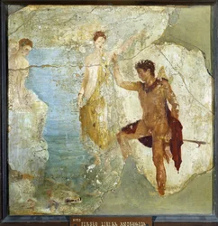 Perseu libertando Andrómeda. Fresco 37,5x37,5 cm. Proveniente da Casa dos cinco esqueletos (Casa dei cinque Scheletri), em Pompeia. Sem data. Museu Arqueológico Nacional, Nápoles (Museu Arqueológico de Nápoles). ©Raffael/Leemage