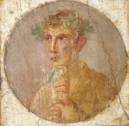 Retrato de um jovem segurando um pergaminho de papiro, 55-79 d.C. (fresco)