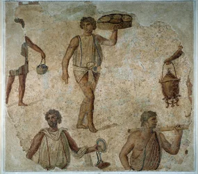 Preparativos para uma festa dionisíaca: escravo servindo uma refeição de Mosaico de Cartago. Século II ap. JC. Paris, Museu do Louvre