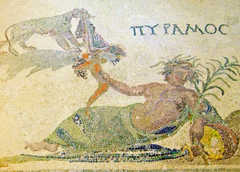 Piramus e thisbe, detalhe, de, pyramus, e, a, leopardo, casa, de, dionysos, paphos, chipre, mosaico