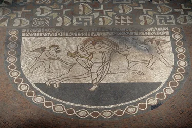 Violação de Europa, mosaico de Lullingstone Roman Villa, ca 82 d.C., Eynsford, Kent, Inglaterra, Reino Unido, civilização romana