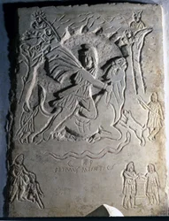 Alívio retratando a divindade iraniana Mithra (ou Mitra) abate o touro, um animal associado a ele. Século IV. Palazzo dei Conservatori, Roma.
