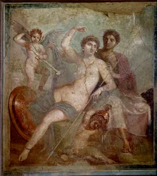 Representação de Ares e Afrodite, acompanhados por amorzinhos a brincar com as armas do deus. Fresco da Vila de Marte e Vénus em Pompeia. Século I d.C. Museu Arqueológico de Nápoles - Arte romana: Ares, Afrodite e Eros. Afrodite (Vénus), reclinada