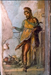 Representação do divinita grego Priape, deus da fertilidade, com o pênis enorme em constante ereção. Pormenor de um fresco de Pompeia. Casa dei Vettii. Século I d.C.