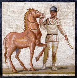 Representação das quatro fações do circo romano: os brancos (factio albata). As fações eram associações que participavam em competições circenses durante o Alto Império (século I d.C.) e eram caracterizadas por uma cor. Mosaico, Roma, Museo Nazionale