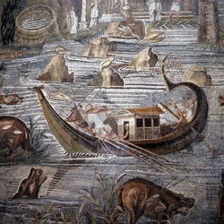 Navio fluvial do século I a.C. Detalhe do mosaico de Palestrine. O leme está na popa e duplo. Este mosaico vem do Templo da Fortuna e está agora preservado no Palácio Barberini.