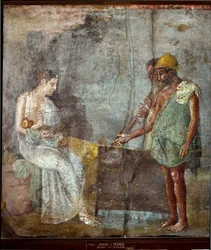 Arte romana: «Dânae e o seu filho Perseu são encontrados por pescadores na praia de Sérifos» - Fresco proveniente de Pompeia, terceiro estilo, dimensões: 67 x 63 cm - Museu Arqueológico Nacional, Nápoles