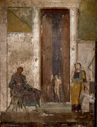 Arte romana: «Eros persuade Helena a amar Páris». Fresco de Pompeia. Século I. Nápoles, Museo Archeologico Nazionale