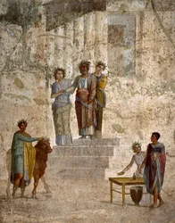 Arte Romana: “” Jason de frente para seu tio Pelias ”” Afresco romano do 3º estilo de Pompeia do local de Pompeia. 40-60 DC. Nápoles (fresco)