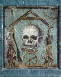 Arte Romana: Memento mori, símbolos da Vida e da Morte. Mosaico de Pompéia. 2º estilo. Dim. 47x41 cm Museo Archeologico Nazionale, Nápoles.
