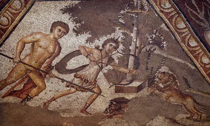 Arte Romana: Mosaico das estações do pátio da vila Constantina de "Daphne" representando dois caçadores. Detalhe. Do Faubourg de Antioche-sur-l