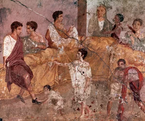 Arte romana: «Cena de banquete ao ar livre» (Banquete ao ar livre), fresco romano da Casa do Triclínio, Pompeia (Fresco da Casa del Triclinio, Pompeia), 40-60 d.C.