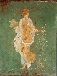 Arte Romana: "Primavera" Flora (Flora) colhendo flores. Afresco da vila de Varano a Stabies (Stabiae), perto de Pompéia. 15 BC-60 AD. Museo Archeologico Nazionale, Nápoles - arte romana: Primavera, Flora colhendo flores. Fresco da vila de Varano a Stabiae
