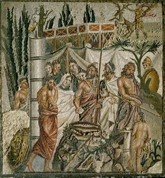 Arte Romana: "O Sacrifício de Iphigenie" O Rei Agamémnon sacrifica a sua filha para apaziguar a ira de Artemis (Diana). Mosaico do século I AC. Museo di Ampurias (Empúrias), Espanha