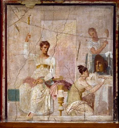Arte romana: «Homenagem a um poeta trágico». Fresco romano proveniente do sítio de Herculano (Ercolano). Século I d.C. Nápoles, Museo Archeologico Nazionale