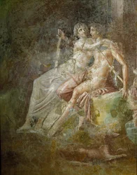 Arte romana: «Vénus e Marte». Fresco da Casa do Citarista em Pompeia. Terceiro estilo. Dimensões: 253 x 150 cm. Museo Archeologico Nazionale, Nápoles