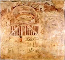 Arte romana: «Luta violenta entre os habitantes de Nocera e os pompeianos no anfiteatro de Pompeia em 59 d.C.» Pormenor de um fresco. Século I d.C. Proveniente do sítio arqueológico de Pompeia. Nápoles, Museu Arqueológico Nacional
