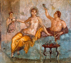 Arte romana: cena de banquete, um jovem e uma cortesã. Fresco romano do 4.º estilo pompeiano do sítio de Ercolano (Herculanum ou Herculaneum), 60-80 d.C. Dimensões 65 x 66 cm. Apresentado no Museu Nacional. Escola flamenga