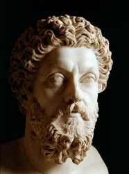 Arte Romana: chefe do Imperador Romano Marc Aurele (120-180 d.C.) - Escultura em mármore