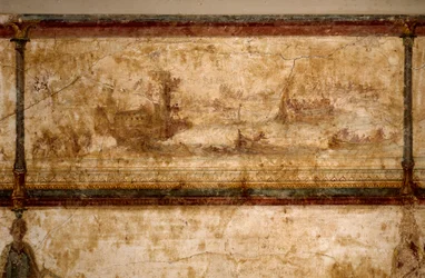 Arte romana: «Cena marítima com birremes e trirremes». Fresco, cerca de 25-19 a.C. Dimensões: 73 cm. Roma, Museo Nazionale Romano (ou Museu das Termas)