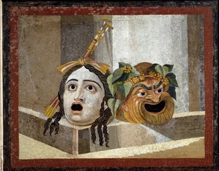 Máscaras teatrais romanas - mosaico romano, século II d.C., das Termas de Décio no Aventino, Roma, Itália - Arte romana: máscaras do teatro romano. Mosaico do século II d.C. - das Termas de Décio no Aventino, Roma - Museus Capitolinos, Roma