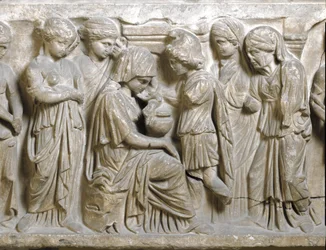Antiguidade romana: «A tristeza de Fedra, apaixonada e rejeitada por Hipólito». Baixo-relevo do sarcófago denominado «Fedra e Hipólito». Século III d.C. Palermo, Museo Archeologico Nazionale