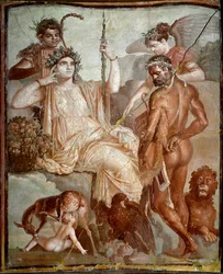 Arte romana: «Héracles encontra o seu filho Télefo (Telephus) nas montanhas da Arcádia». Fresco romano proveniente do sítio de Herculano (Ercolano), 70 d.C. Dimensões: 216x185 cm. Nápoles, Museo Archeologico Nazionale