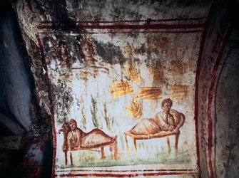 Arte romana: "Os sonhos de José, filho de Jacob" Fresco do século IV. Catacumbas de via Latina, Roma - Arte Romana. Os sonhos de José. Fresco do século IV d.C. Catacumbas da Via Latina, Roma, Itália.