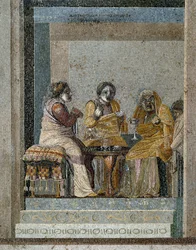 Arte romana: uma bruxa e a preparação de um filtre mágico. Mosaico após o original de Dioscorides de Samos (ou Dioscourides) (século II a.C.) na casa de Ciceron em Pompéia