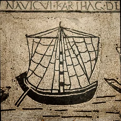 Arte romana: navio de carga. Mosaico do século III d.C. Ostia, Ostia, Piazzale delle Corporazioni. Itália - Arte romana: um navio carregado de mercadorias. Mosaico de chão. Século III a.C. Piazzale delle Corporazioni, Óstia, Itália.