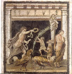 Arte romana: luta de galos numa palestra na presença das personificações da Derrota e da Vitória. Mosaico da Villa do Labirinto, em Pompeia. Segundo estilo. Dimensões: 46x42 cm. Museu Arqueológico Nacional, Nápoles