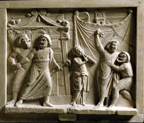 Arte romana: cena de teatro cómico da peça «Andria» de Terêncio (Públio Terêncio Afer) (185-159 a.C.), relevo de Pompeia - Museo Archeologico Nazionale, Nápoles