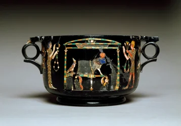 Arte romana: taça com motivos egípcios. De Castellammare di Stabia. Século I d.C. Dimensões: 12 cm. Museo Archeologico Nazionale, Nápoles