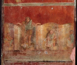 Arte romana: cena de uma fullonica ou foulonnerie que representa a limpeza das roupas das pessoas com os pés. Fresco da Villa Fullonica Stephani (La Fullonica de Stephanus) em Pompeia, utilizada como lavandaria e tinturaria. Pintura do século I