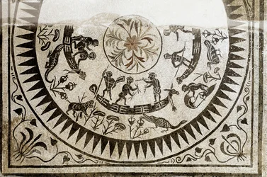 Arte romana: pigmeus a caçar e a pescar. Mosaico do século III. Museo Nazionale Romano (ou delle Terme), Roma