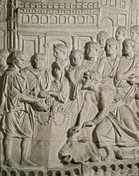 Arte romana: baixo relevo representando os cidadãos Sarmat prestando tributo aos romanos. A partir dos relevos da coluna de Marc-Aurele (Marx Aurele). Século II d.C. Roma, Museo della Civilta Romana
