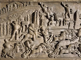 Arte romana: baixo relevo representando corridas de tanques no Circus Maximus (Grand Circus ou Circus Maxime) em Roma. Século II d.C. Roma, Museo della Civilta Romana