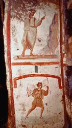 Arte romana: milagre da fonte e milagre da guerra do paralítico. Os frescos. Fim do século III depois de JC. Roma, catacumbas de São Marcelino e Pietro (Pedro e Marcelino) - Arte Romana. Milagre da Fonte e A Recuperação do Paralítico. Pe.