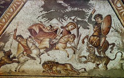 Arte romana: mosaico das estações do pátio da vila Constantina de "Daphne". Detalhe representando uma cena de caça ao leão e ao tigre. Do Faubourg de Antioche-sur-l