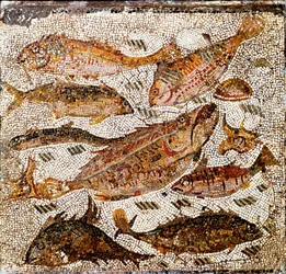 Arte romana: mosaico representando peixes. Século I ou II d.C. Proveniente da Villa dei Settimii, na Via Cassia. Roma, Museo Nazionale Romano