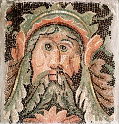 Arte romana: mosaico representando a cabeça de uma divindade marinha. Século III d.C. Roma, Museo Nazionale Romano