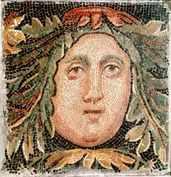Arte romana: mosaico representando a cabeça de uma divindade marinha. Século III d.C. Roma, Museo Nazionale Romano