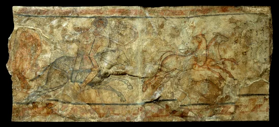 Arte romana: mural representando um arqueiro caçando a prímula. do local de Doura Europos na Síria (27 AC-476 DC). Sol 2,1x0,9 m