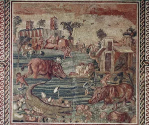 Arte romana: mosaico com paisagem nilótica proveniente de uma villa no monte Aventino, Roma, séculos I-II. Roma, Museo Nazionale Romano no Palazzo Massimo, Inv. 171