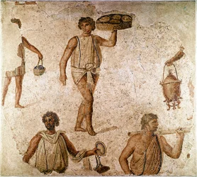 Arte romana: criados em um banquete. Fragmento de mosaico de Cartago, Tunísia. 180-190 D.C. Paris, Museu do Louvre