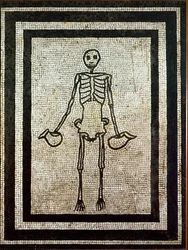 Arte romana: esqueleto a segurar dois jarros. Mosaico do século I proveniente de Pompeia. Museu Arqueológico Nacional, Nápoles, Itália