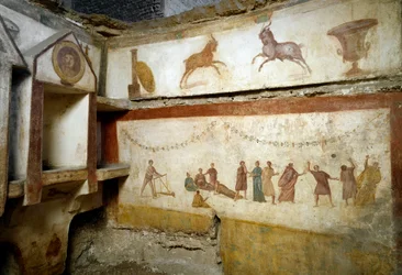 Arte romana: «Jovens a brincar». Frescos que decoram um túmulo da Via Portuense. Século II. Altura: 90 cm. Roma, Museo Nazionale Romano (ou delle Terme), Itália