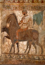 Cavaleiro samnita. Pintura tumular do século IV a.C., proveniente do sítio de Paestum, Itália. Fresco. Museu Arqueológico Nacional, Nápoles